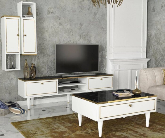 ce Meuble Tv Kornelya couleur blanche plus table basse et étagère murale