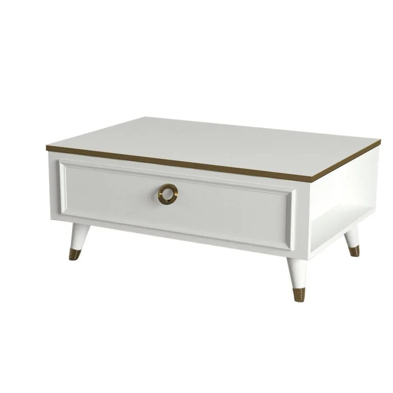 table basse arc blanc dore de style contemporain se compose de meubles aux lignes sobres et intemporelles.