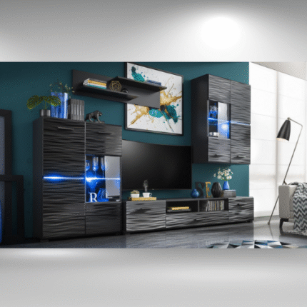 Meuble tv grand modele tout noir avec des lampes led