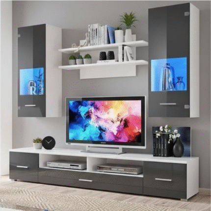 Meuble tv corte noir avec led et verre