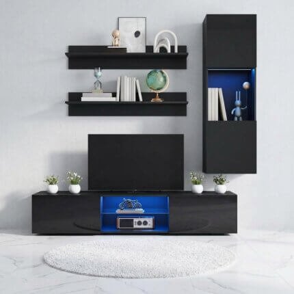 meuble tv avec buffet et etagere noir avec led