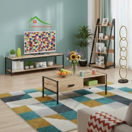 Ensemble de meuble tv etagere t table basse en bois avec finition en fer tres moderne et solide.